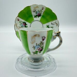 Vintage Japan Porcelain Teacup and Saucer Set Green White Floral Gold Gilt Trim